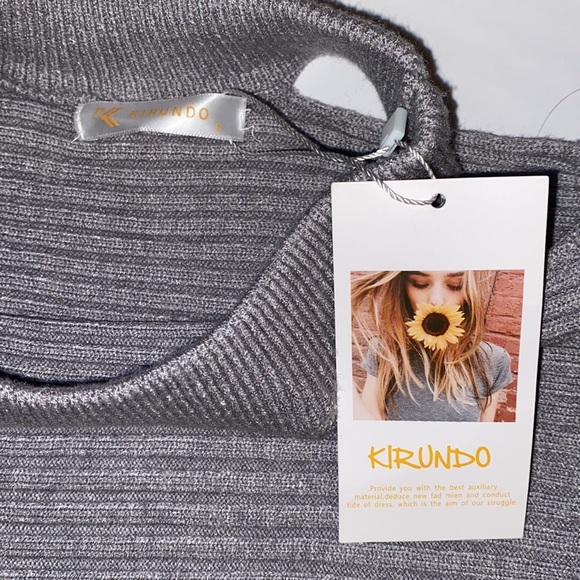 Women’s Halter Neck Cold Shoulder Grey Ribbed Sweater - Picture 9 of 10